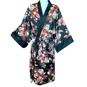 Victoria's Secret Kimono Robe Black Cream Brown Floral Leaf Tie Waist Midi XS/S